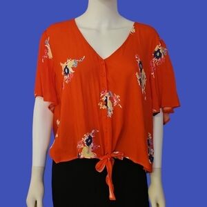 MODCLOTH Red Floral Fluttery Tie Waist Blouse 2X